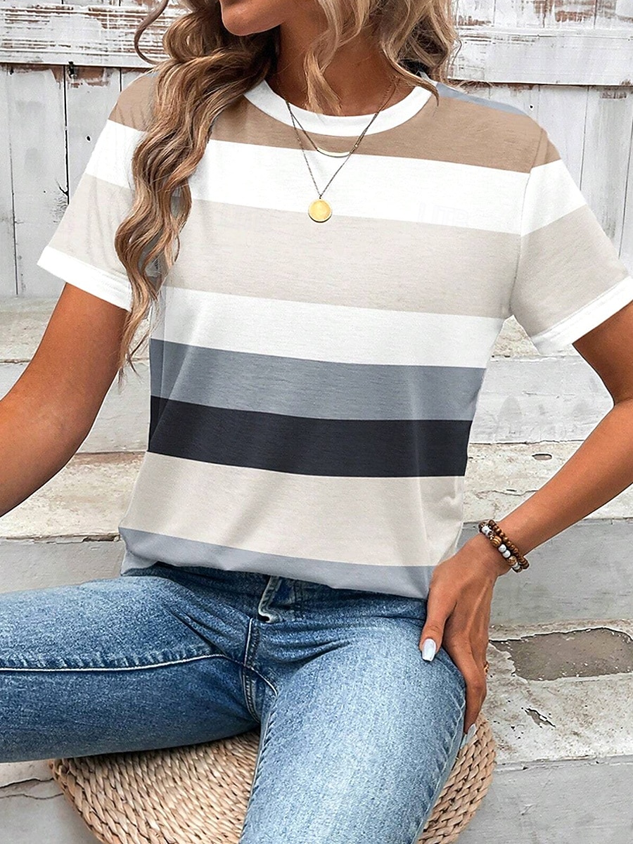 Damen T Shirt Druck Grafik Geometrisch Gestreift Vintage Stilvoll Klassisch Kurzarm Rundhalsausschnitt Rundhals Normale Oberteile Täglich Gras-Grün Khaki Sommer Frühling 2026 - $22.99 –P2