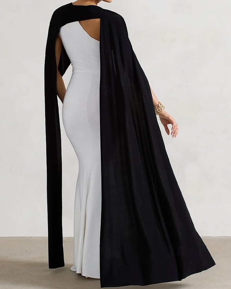 Black and White Cape Dress Mermaid / Trumpet Detachable Cape Evening Gown Elegant Dress Semi Formal Wedding Wedding Guest Dress Floor Length Crew Neck Stretch Crepe with Ruched Details 2025 - $148.99 –P4
