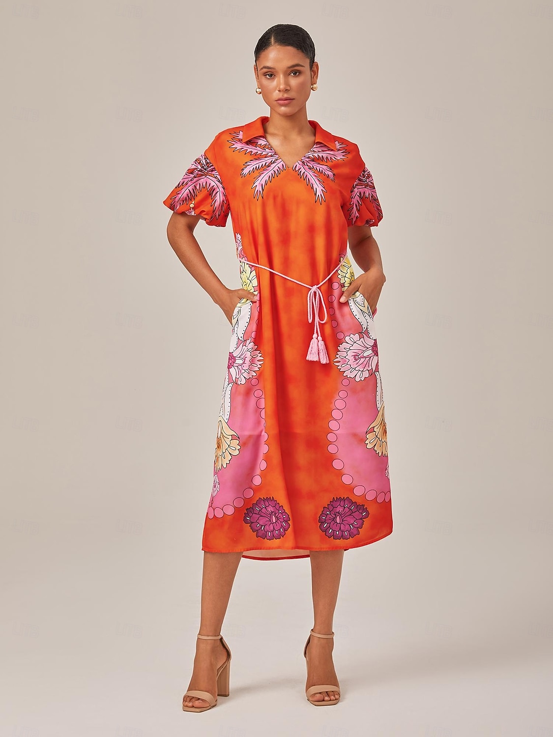 Vacation Style Orange Placement Floral Maxi Dress 2025 - $76.99 –P1