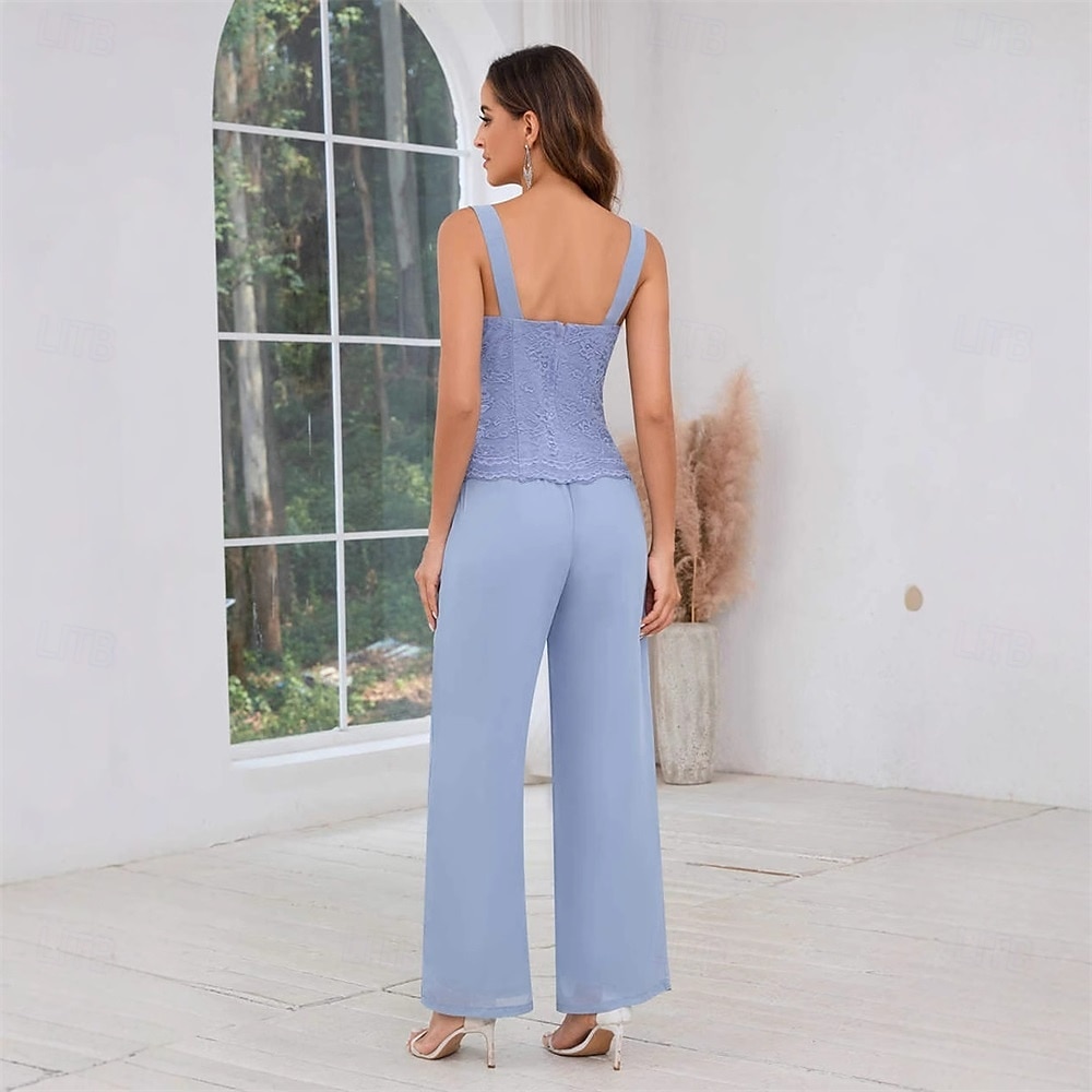 Hosenanzug Brautmutter Kleid Hochzeitsgast Elegantes Quadrat-Ausschnitt Bodenlang Polyester Spitze Lange Ärmel mit einfarbigem Material 2025 - $101.99 –P5