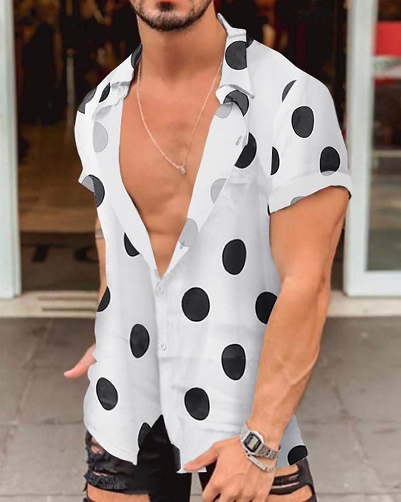 Men's Shirt Summer Shirt Casual Shirt Beach Shirt Button Up Shirt Black White Yellow Short Sleeve Polka Dot Lapel Vacation Hawaiian Clothing Apparel Polyester Fashion Casual Comfortable 2026 - $23.99 –P1