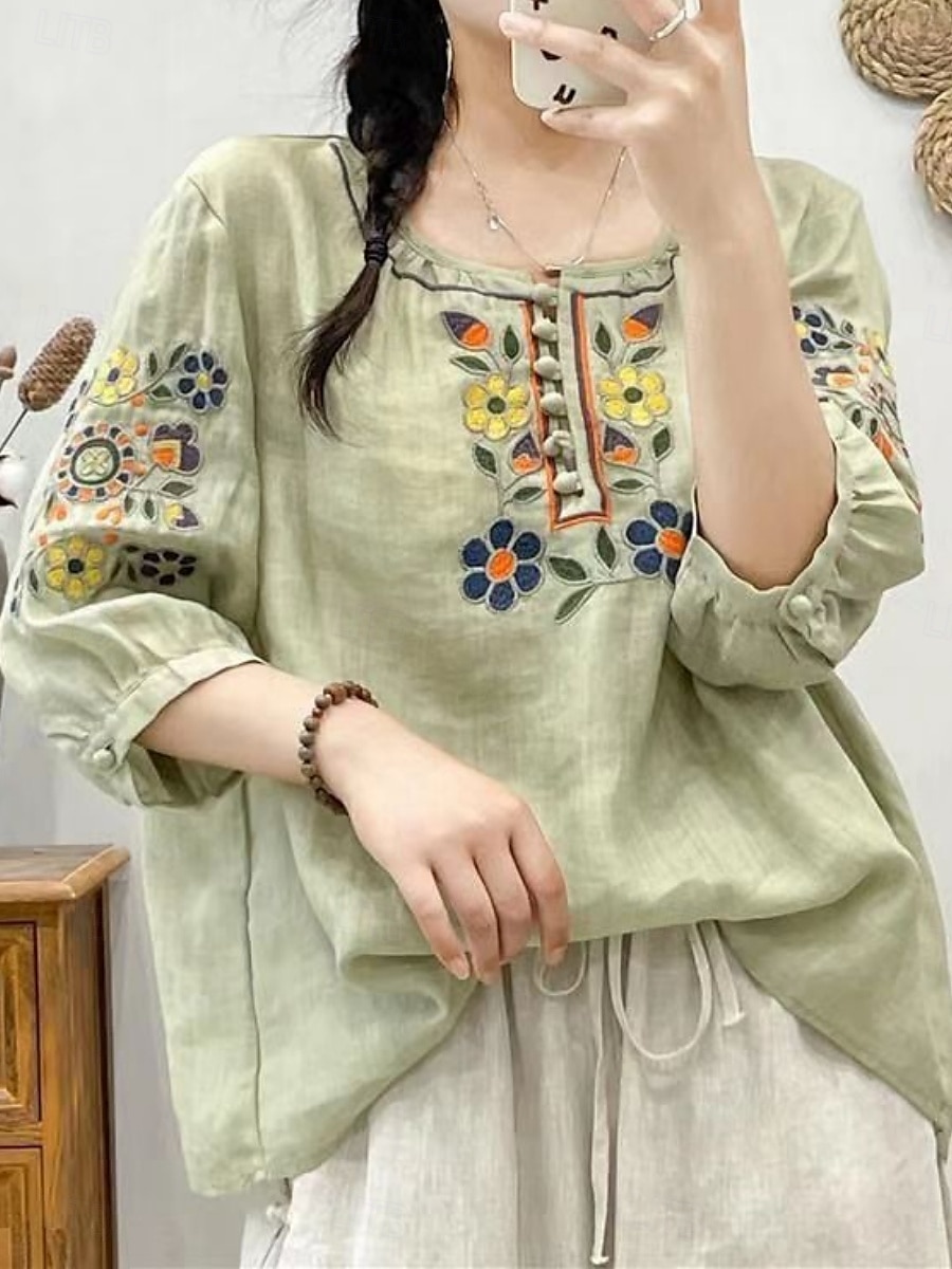 Femmes Chemise Fleuri Élégant Occasionnel Manche 3/4 Col ras du cou Hauts Réguliers Quotidien Broderie Vert Claire Rose Claire Fuchsia Abricot Bleu clair Été Printemps de 2025 ? $19.99 –P8