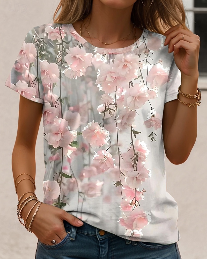 Femmes T-shirt A Ombre Fleuri Graphique ancien Élégant Classique Manche Courte Col ras du cou Col rond Hauts Réguliers Quotidien Imprimé Rose Claire Été de 2025 ? $19.99 –P1