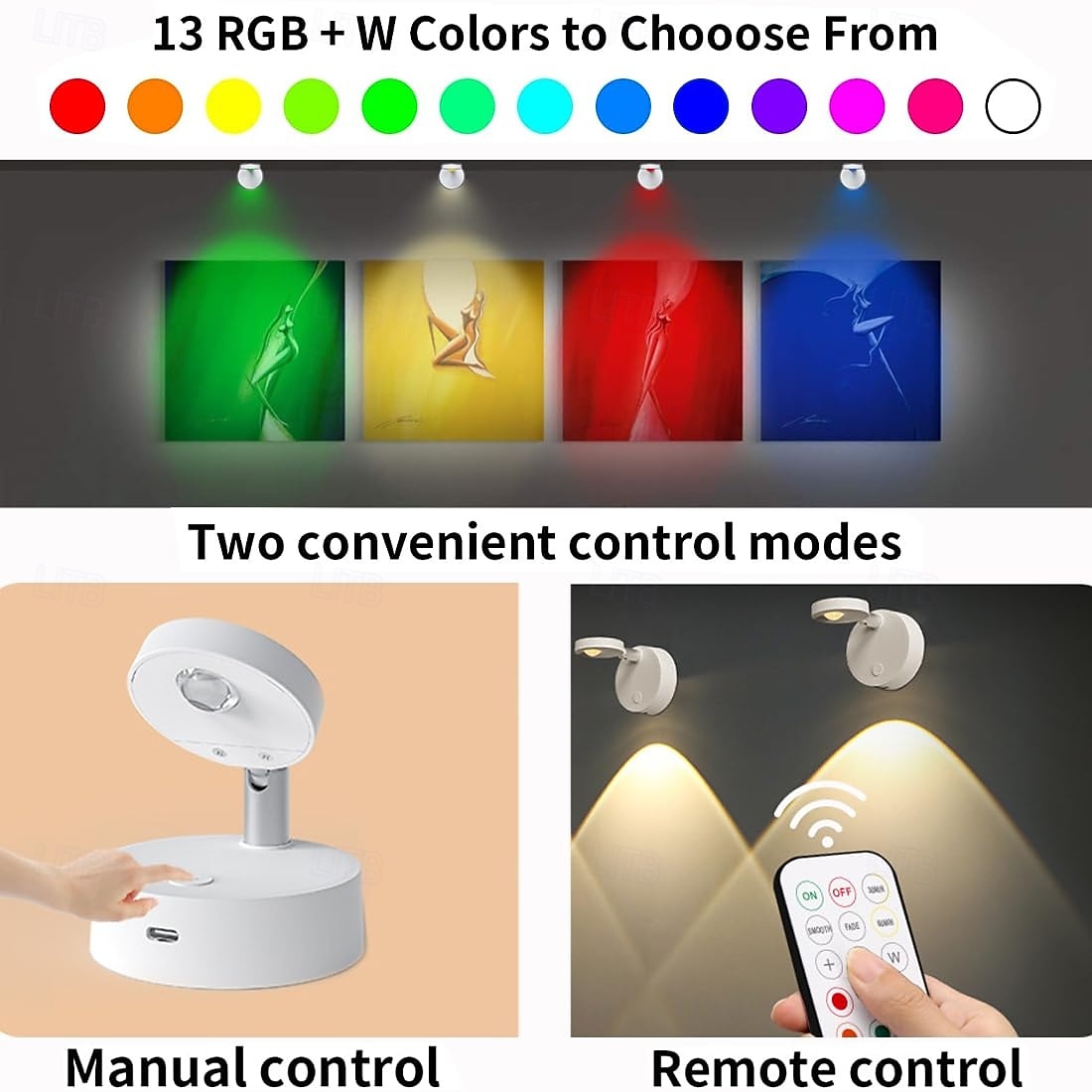 2025年 1個 RGB13 カラートーンライト 充電スポットライト リモコン付き 壁ランプ 壁画ランプ ベッドサイドランプ 読書灯 回転調節可能  コレクション – $13.49 –P2