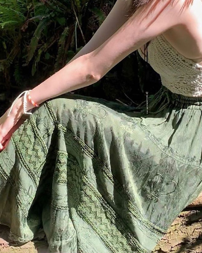 Pentru femei Fustă Boemia Boho Midi Talie Medie Fuste Floral Imprimeu Micro-elastic Stradă Ieșire Verde Vară Poliester 2025 - $21.99 –P6