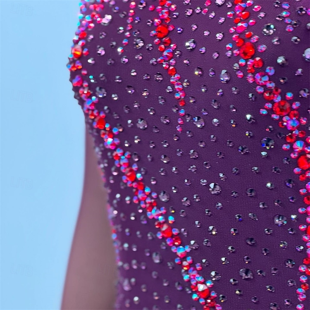 Kunstschaatsjurk Dames Voor meisjes Schaatsen Jurken Zwart / rood Duimopening Asymetrische zoom Netstof Hoge Elasticiteit Opleiding Wedstrijd Kunstschaatskleding Klassiek Kristal / Bergkristal Lange 2025 - $190.99 –P4