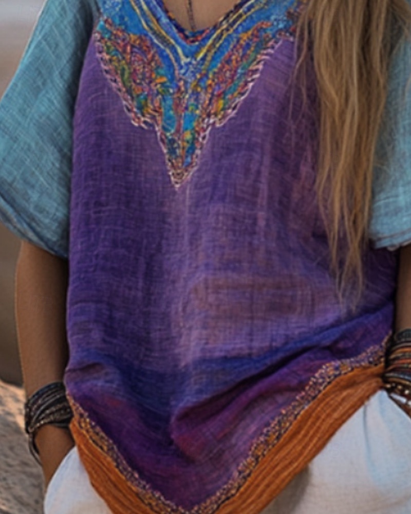 Dame Vestlig bluse Boho skjorte Bluse Blomsternål i krystall Moderne Bohem Kortermet V-hals Vanlige topper Daglig Ut på byen Trykt mønster Lilla Sommer 2025 - $21.99 –P3