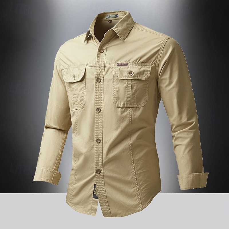 Men's Shirt Summer Shirt Casual Shirt Button Up Shirt Cargo Shirt Black White Red khaki Dark Blue Long Sleeve Plain Shirt Collar Vacation Hawaiian Pocket Clothing Apparel 100% Cotton Fashion Casual 2025 - $16.49 –P1