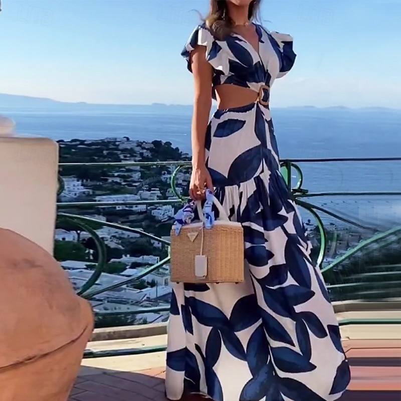 Femmes Robe Longue Maxi Robe Robe de Soirée Robe Imprimée Mode Soirée Fête du thé Sortir Coupe régulière Fleur Manche Courte Col en V Bleu Été de 2025 ? $24.99 –P2