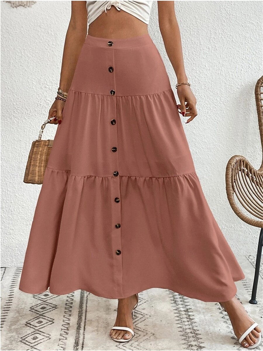 Gonna da donna Maxi gonna A Line moda casual maxi gonna alta vita semplice micro-elastico strada quotidiana cammello albicocca nero marrone chiaro estate poliestere del 2025 a $34.99 –P6
