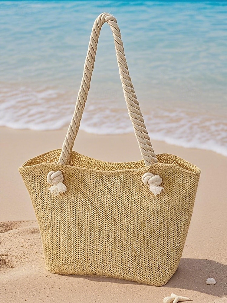 damska torba plażowa ze słomy z uchwytami ze sznurka – duża letnia torebka na wakacje, basen, podróże i codzienne stylizacje khaki beż 2025 - $14.99 –P4