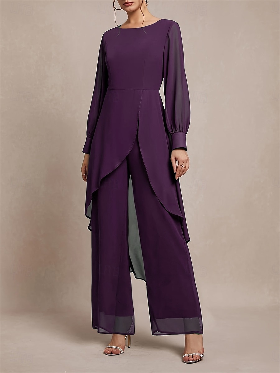 Conjunto Mãe da Noiva Clássico Decote Redondo Barra Assimétrica Manga Longa em Chiffon com Cor Sólida de 2025 por $89.99 –P8