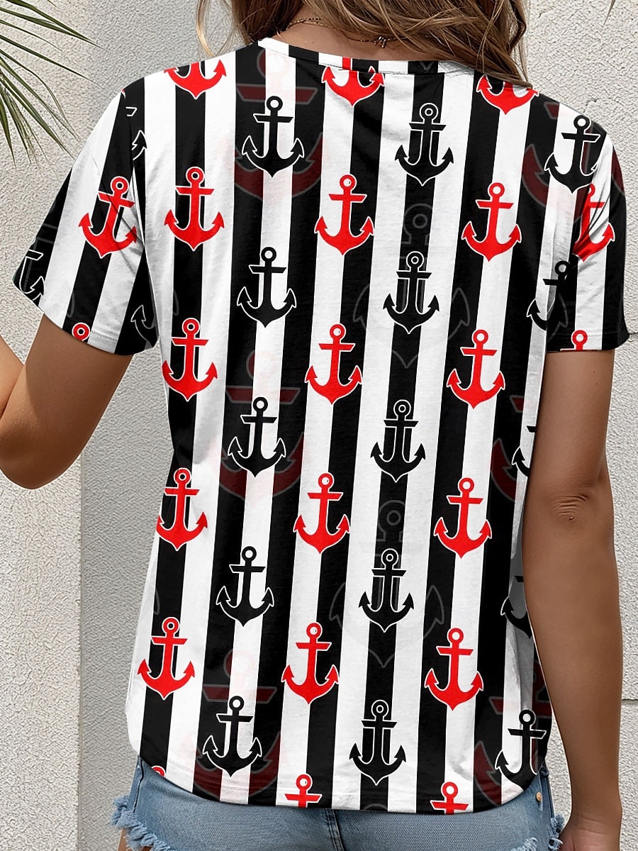 Dame T skjorte Grafisk Geometrisk Stripet Årgang Stilfull Fritid Kortermet Crew-hals Rund hals Vanlige topper Daglig Trykt mønster Svart Sommer Vår 2025 - $19.99 –P2