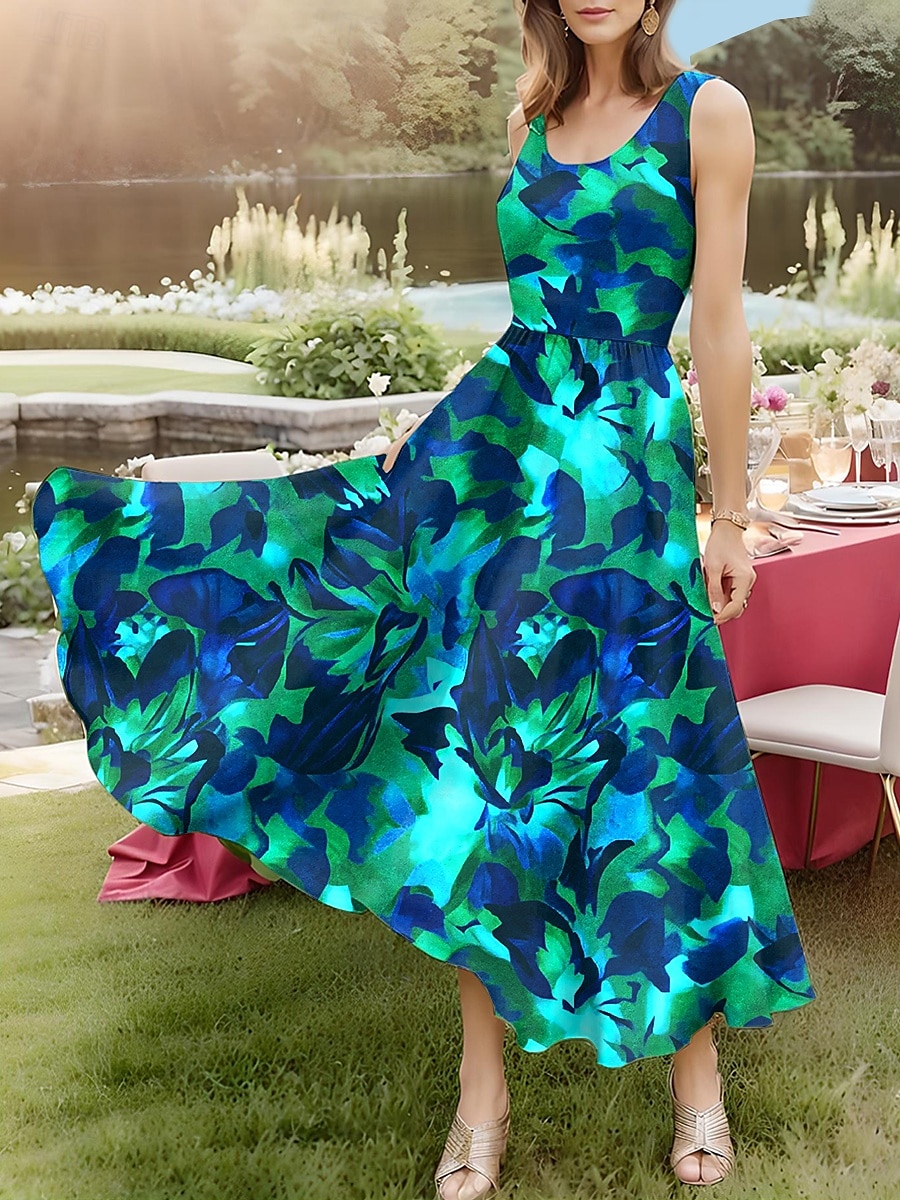 Damen Midikleid Sommerkleid A Linie Kleid Schulterfreies Kleid Urlaub Party Geburtstag Outdoor Party Ausgehen Standard Passform Blumen Grafik Ärmellos U-Ausschnitt Meerblau Rote Himmelblau Sommer 2025 - $35.99 –P3