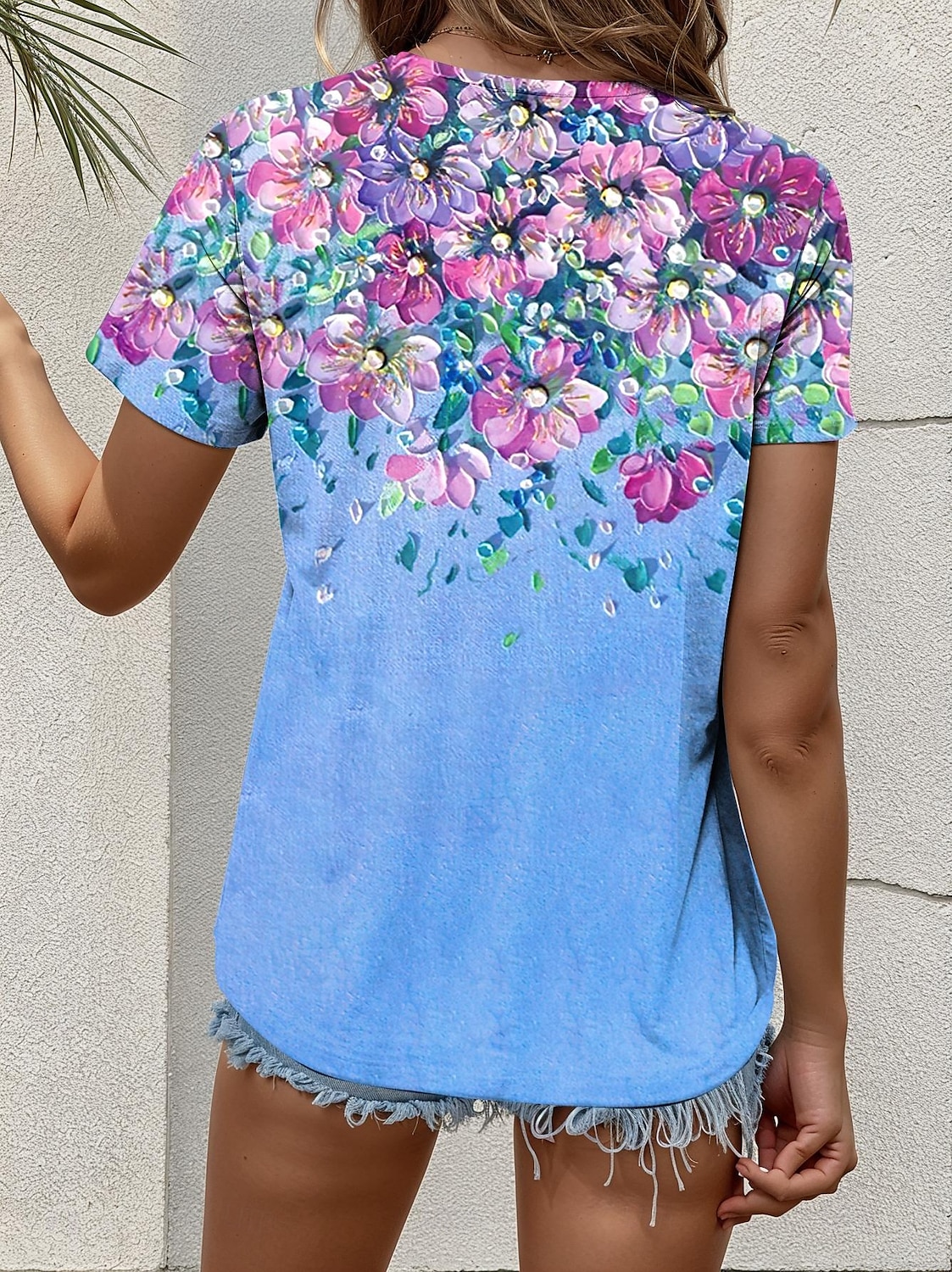 Femmes T-shirt Fleuri Graphique Élégant ancien Manche Courte Col ras du cou Hauts Réguliers Quotidien Sortir Patchwork Boutons À Étages Bleu Violet Vert Été Printemps de 2025 ? $23.99 –P2