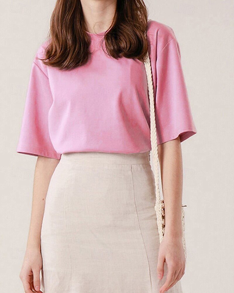 Femmes Chemise en lin Chemisier Uni Occasionnel Manche Courte Col ras du cou Hauts Réguliers Quotidien Fête Sortir Noir Jaune Rose Claire Abricot Été de 2025 ? $30.99 –P11