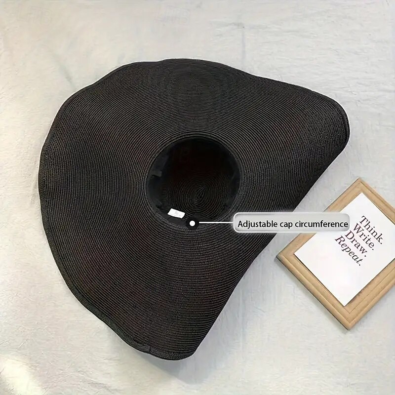 Ladies Extra Wide Brimmed Straw Sun Hat - Foldable UV Protected Black Textured Design Perfect for Beach Vacations Travel and Photography 2025 - $37.99 –P4
