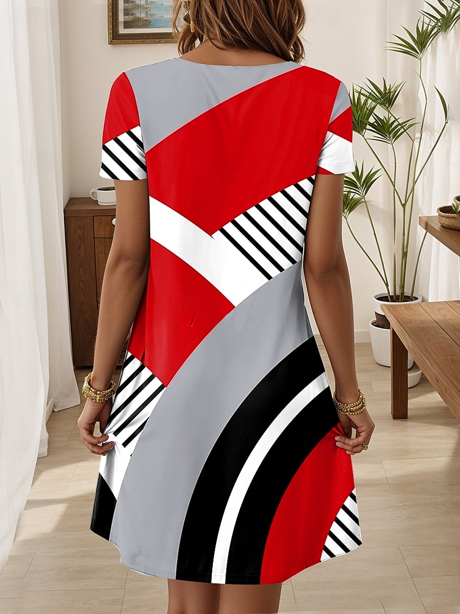 Damen Minikleid A Linie Kleid Sommerkleid Lässig Täglich Normale Passform Grafik Geometrisch Kurzarm V Ausschnitt Rote Sommer Frühling 2025 - $28.99 –P2