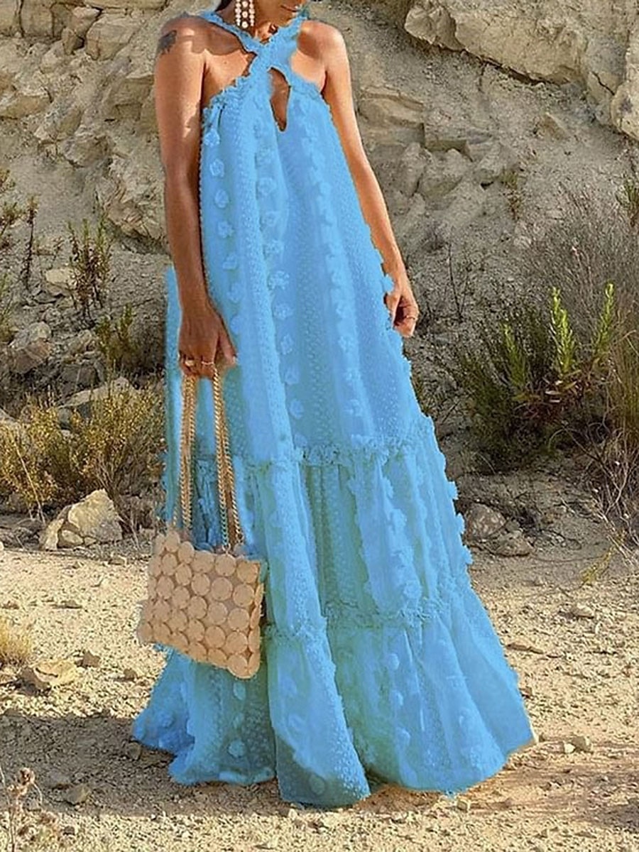 Dame Lang kjole Maxikjole Hvit kjole Solkjole Halter Neck kjole Elegant Mote Romantikk Ferie Ut på byen Strand Løstsittende Blomsternål i krystall Ren farge Ermeløs Dyp V Hvit Blå Sommer 2025 - $32.99 –P7