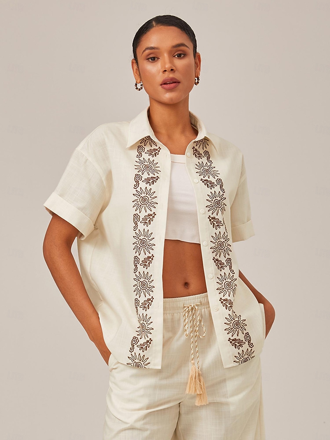 camicia in lino stampato con polsini arrotolati del 2025 a $13.99 –P5