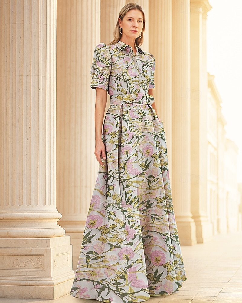Linha A Longo Vestidos de noite Vestido de Baile Vestido formal Elegante Vintage Manga Curta Colarinho de Camisa Casamento Formal Fibra Sintética com Estampa floral Fenda Bolsos de 2026 por $186.99 –P1