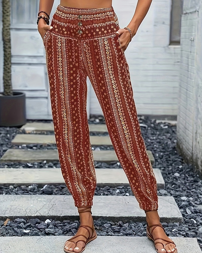 Mujer Persona que practica jogging Pantalones Vacaciones Boho Longitud total Media cintura Geométrico Cintura elástica Transpirable Cómodo Microelástico Calle Ropa Cotidiana Noche Morrón Oscuro 2025 - $19.99 –P17