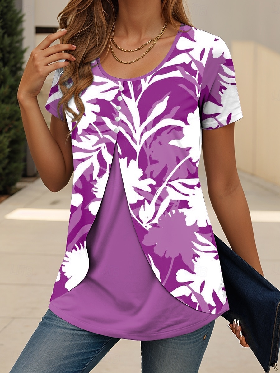 Dame T skjorte Blomstret Grafisk Elegant Årgang trendy Kortermet Crew-hals Vanlige topper Daglig Ut på byen Lapper Knapper Lag-på-lag Blå Lilla Grønn Sommer Vår 2025 - $23.99 –P5
