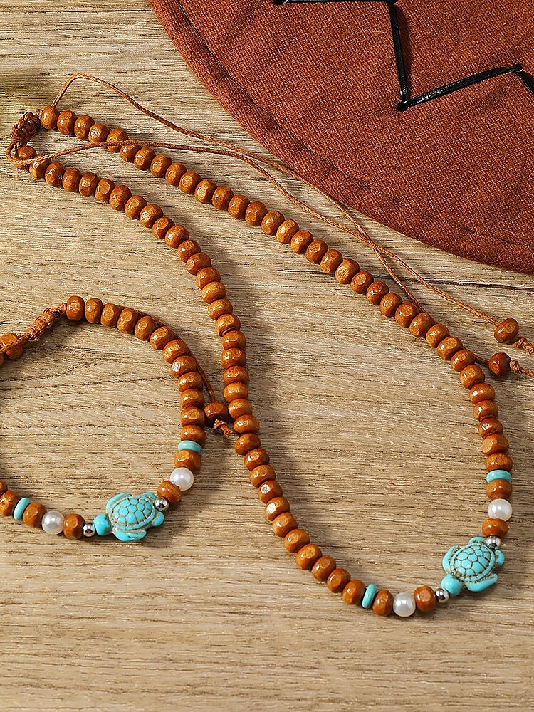 Men's Natural Wood Bead Turtle Necklace and Bracelet Set – Boho Beach Style Adjustable Jewelry for Summer Vacations and Casual Wear 2025 - $11.99 –P4