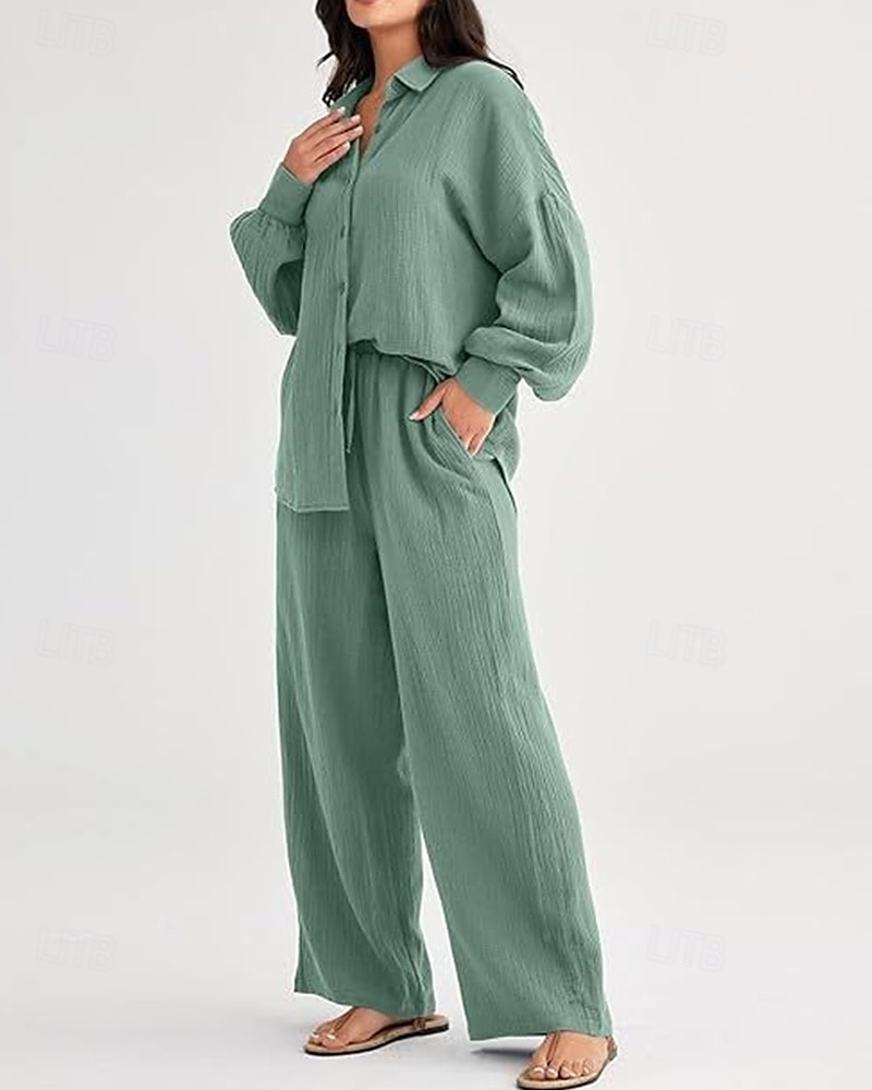 Dam Mode Streetwear Skjorta Tvådelade set Byxuppsättningar Långärmad Tröjkrage Ensfärgat Snörning Dagliga kläder Datum Svart Vin Armégrön Vår Normal 2025 - $38.99 –P11