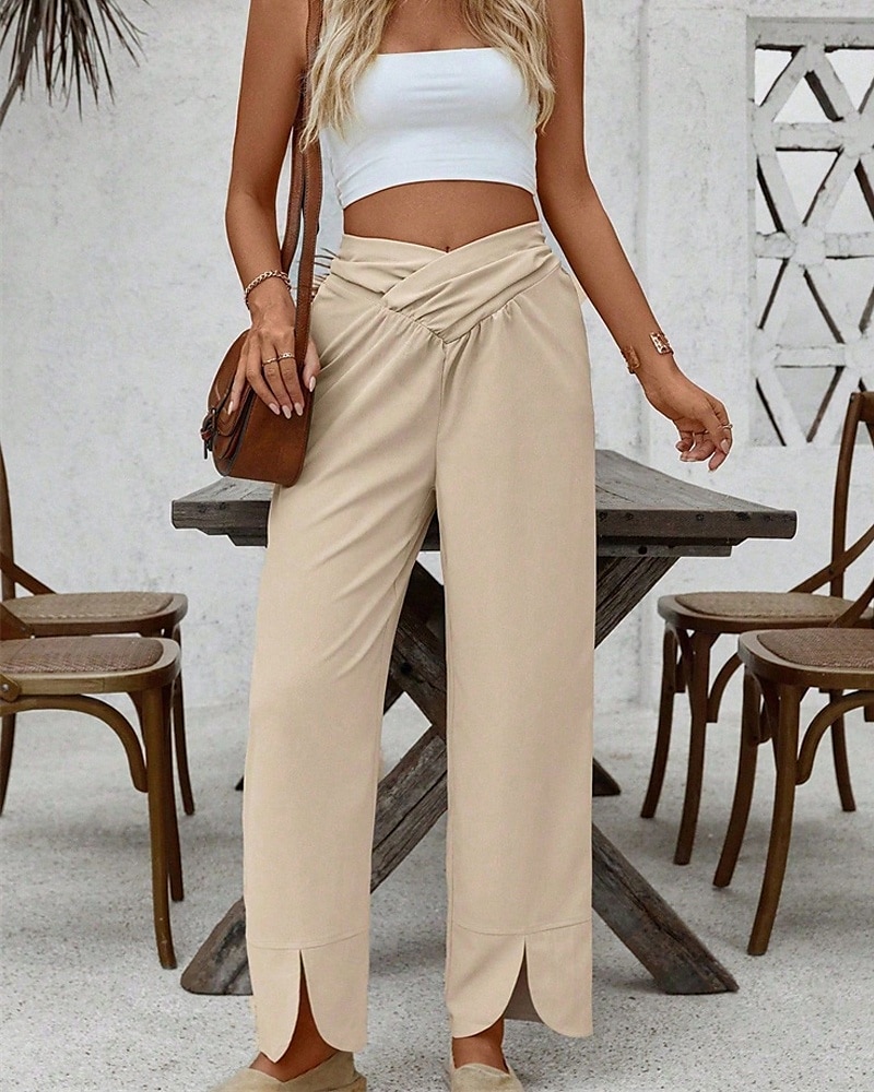 Women's Pants Trousers Palazzo Pants Fashion Streetwear Comfort Full Length Mid Waist Plain Elastic Waist Split Comfy Comfortable Street Daily Wear Going out Khaki Summer Spring Regular Fit 2025 - $19.99 –P3