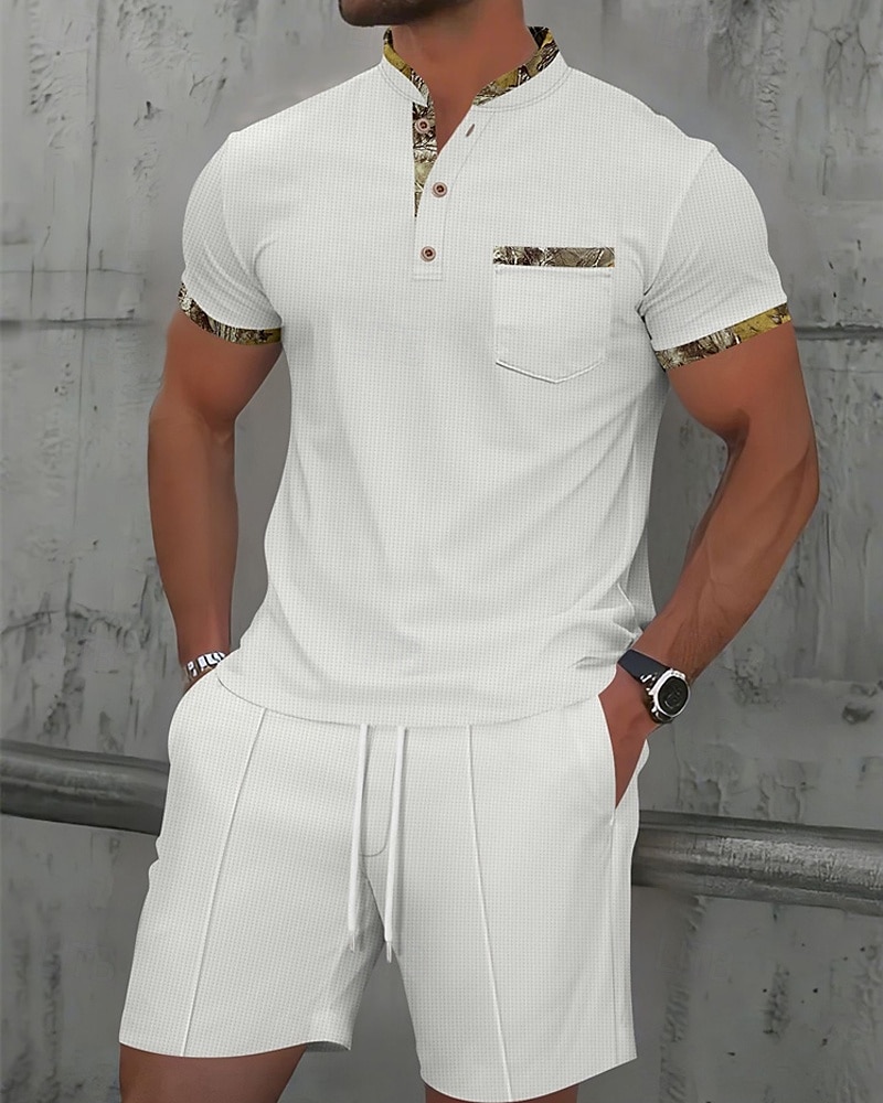 Men's Waffle Shirt T-shirt Suits 2 Pieces Outfits Tee & Shorts Short Sleeve Standing Collar Summer Color Block Fashion Casual 2 Piece Front Pocket Vacation Daily Wear Going out Black White Royal Blue 2025 - $34.99 –P1