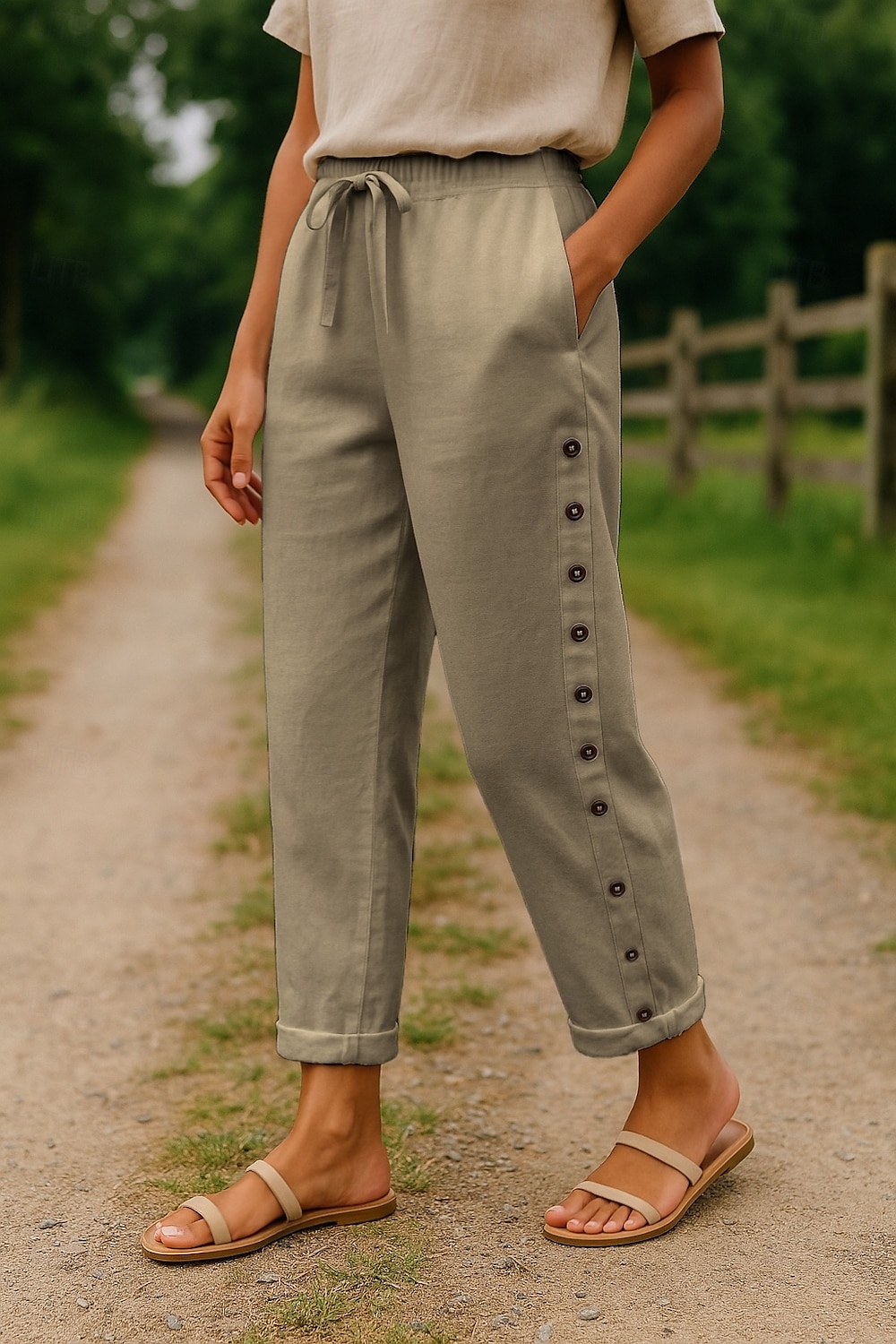 Femmes Pantalon en coton et lin Confort Longueur complète Taille haute Uni Avec Poches Ceinture Élastique Confortable Extérieur Rue Tenue quotidienne Sortir Noir Blanche Bleu Kaki Été Coupe régulière de 2025 ? $28.99 –P8