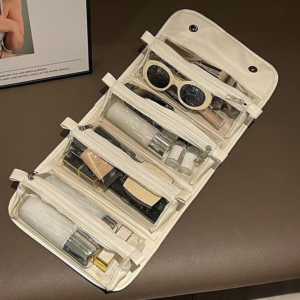 Bolsa de viaje de cuero para cosméticos, gran capacidad, portátil, para mujer, estuche de maquillaje, impermeable, organizador de maquillaje, bolsa de almacenamiento plegable 4 en 1, bolsa de aseo de 2025 - $15.49 –P11