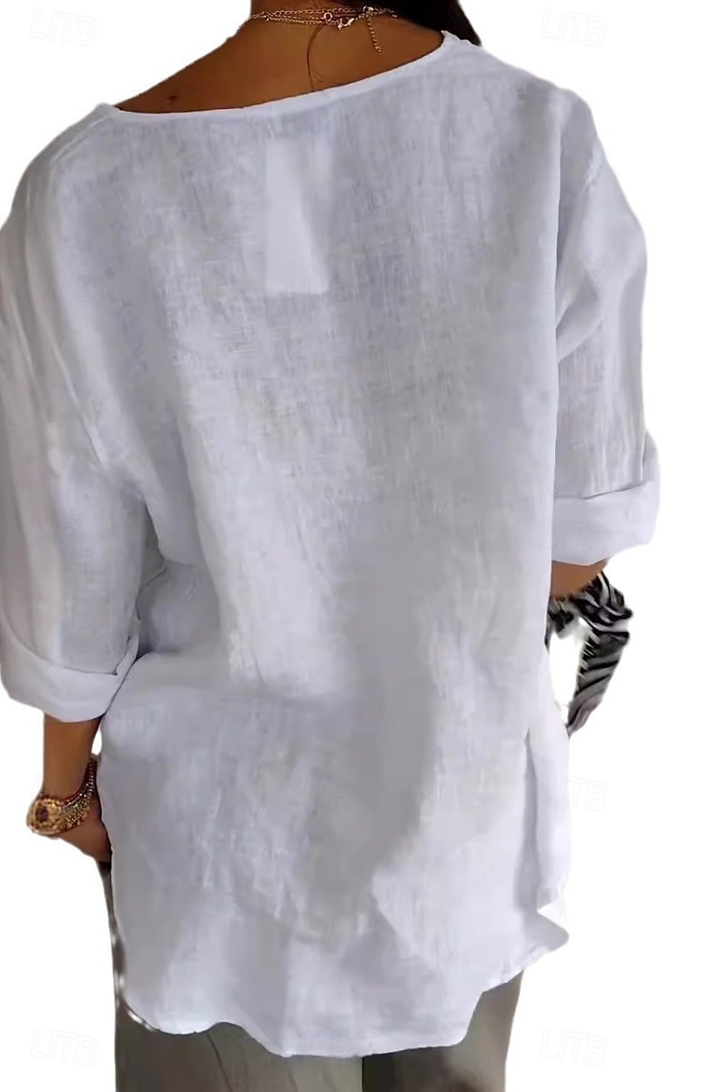 Women's Shirt Cotton Linen Shirt Blouse Plain Modern Casual 3/4 Length Sleeve V Neck Regular Tops Daily Going out Buttons Black White Red Navy Blue Green Summer 2025 - $23.99 –P6