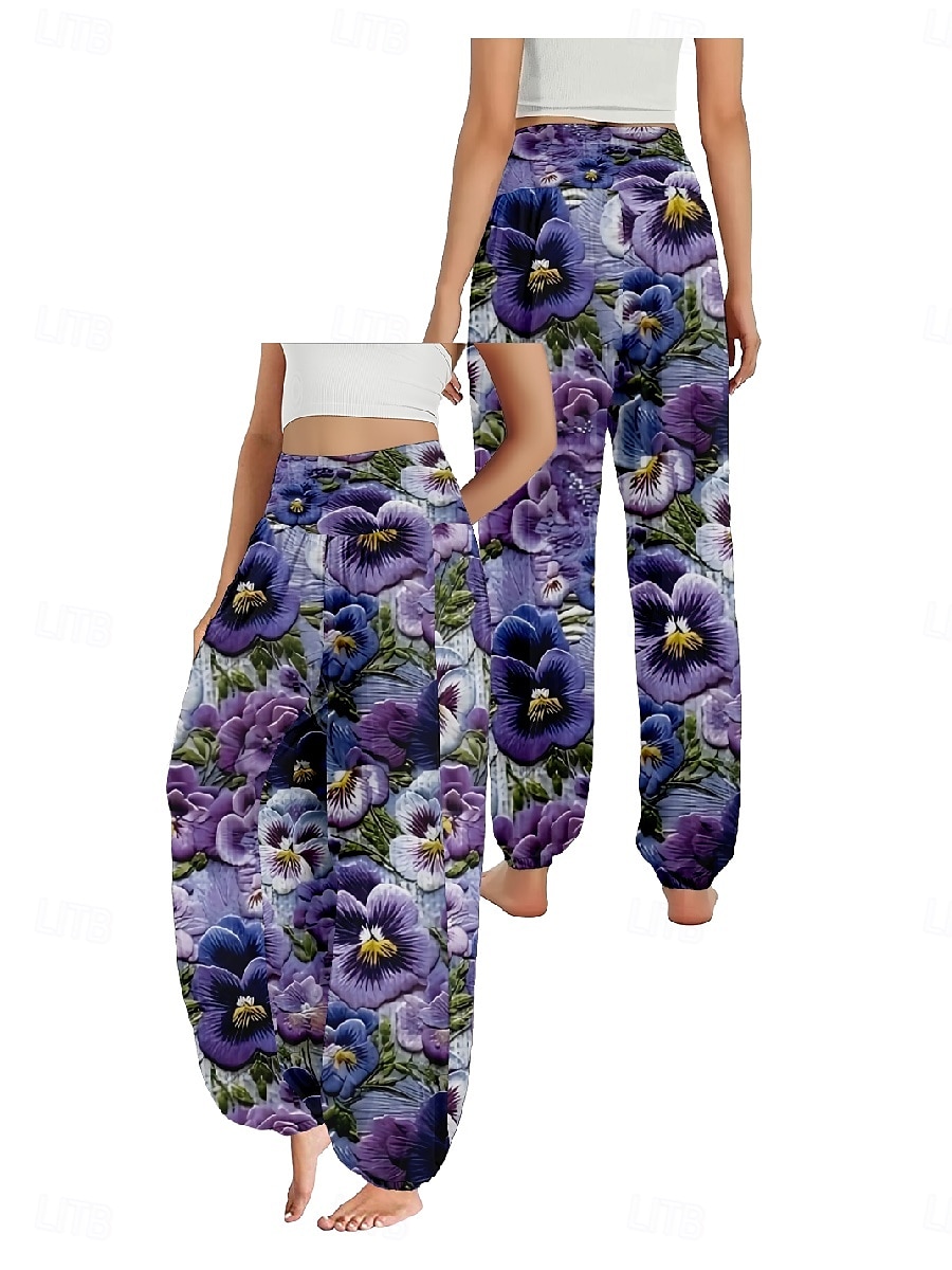 Femmes Pantalon inspiré du lin Jambe large Pantalons Style Ethnique Occasionnel Boho Longueur complète Taille haute Fleuri Avec Poches Taille Élastique Impression Respirabilité Doux Micro-Élastique de 2025 ? zł93.99 –P3