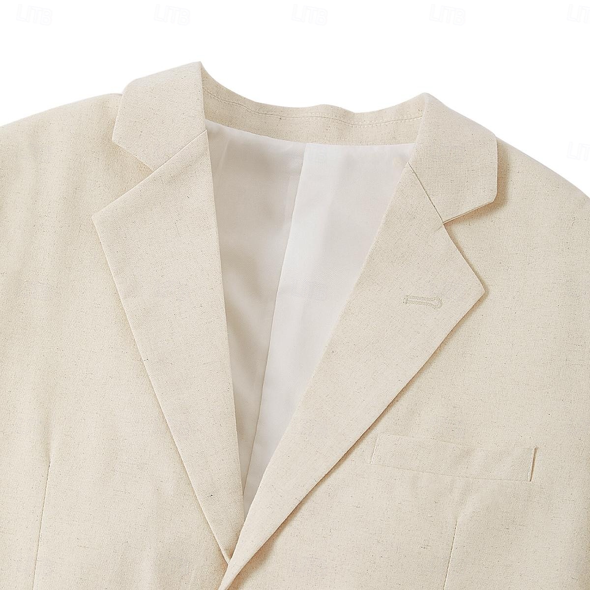 Beige Heren Linnen Aanzichten Strand Trouwerijen Bruidsjonkers Zomer 2-delig Effen Kleur Gepaste Maat Enkelstaand Met Eén Knop 2025 - $112.99 –P4