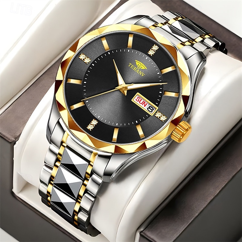 teranv-merkkinen muodikas miesten kvartsikello, jossa rombikuvioinen IPX7-vedenpitävä kaksoiskalenteri, valoisa teräsnauhakello, yrityskäyttöön 2025 - $12.99 –P3