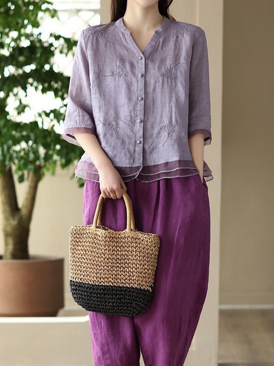 Women's Shirt Solid Color Basic Casual 3/4 Length Sleeve Shirt Collar Regular Tops Daily Mesh Patchwork Buttons White Yellow Pink Purple Summer 2025 - $22.99 –P9