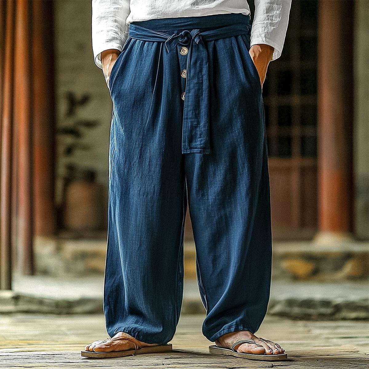 Men's Linen Pants Trousers Summer Pants Elastic Waist Straight Leg Plain Comfort Breathable Full Length Casual Daily Holiday Vacation Fashion Navy Blue 2025 - $28.99 –P1