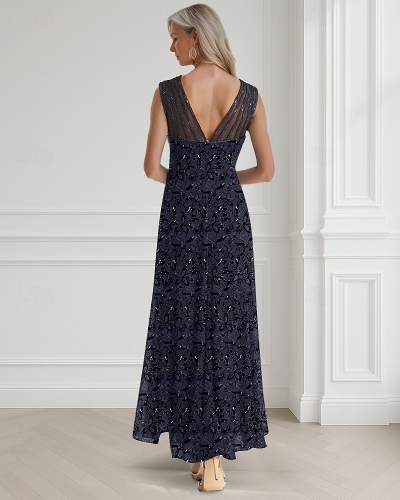 A-Linie Perlen Blau Mutter der Braut Kleid Elegant Luxuriös Illusions-Ausschnitt Bodenlänge Chiffon Ärmellos mit Spitzenperlen Pailletten 2025 - $179.99 –P3