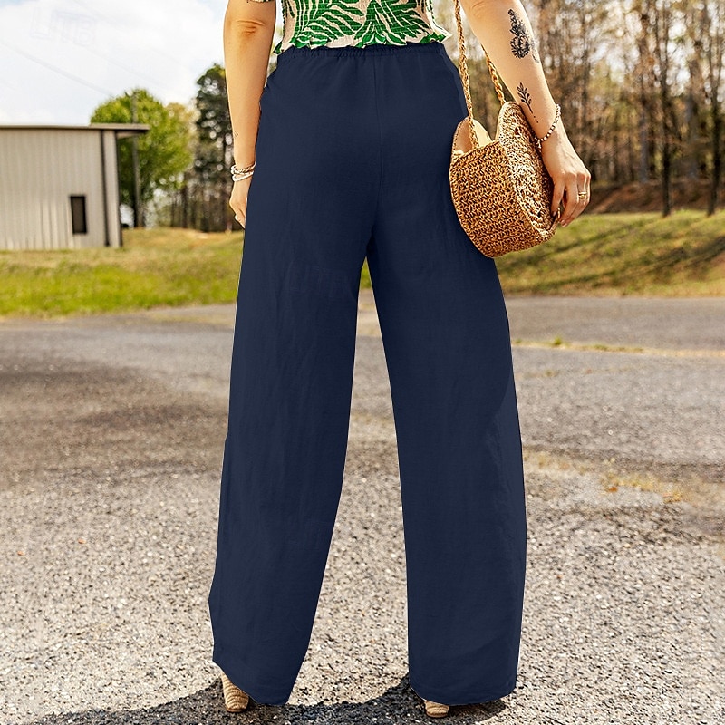 Mulheres Calças de linho de algodão Calças Roupa de rua Casual Comprimento total Natural Tecido Design de cordão elástico Confortável Exterior Roupa Diária Final de semana Preto Azul Marinho Escuro de 2025 por $25.99 –P8