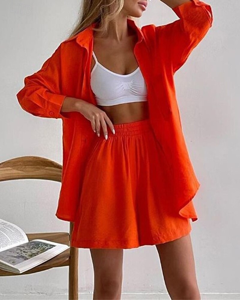 Femmes Mode Streetwear Ensembles en coton et lin Ensembles deux pièces Ensembles de Shorts Manche Courte Col de chemise Uni Tenue quotidienne Date Blanche Bleu Orange Été Coupe régulière de 2025 ? $26.99 –P2