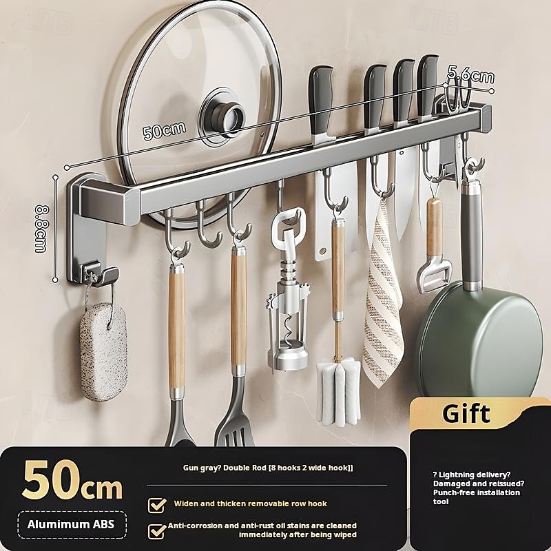 Supporto portaoggetti multifunzionale per cucina con ventosa, ABS, alluminio, asta appendiabiti con gancio &portacoltelli a parete, portapale, portacoperchi, soluzione unica per riporre utensili da del 2025 a $13.99 –P3