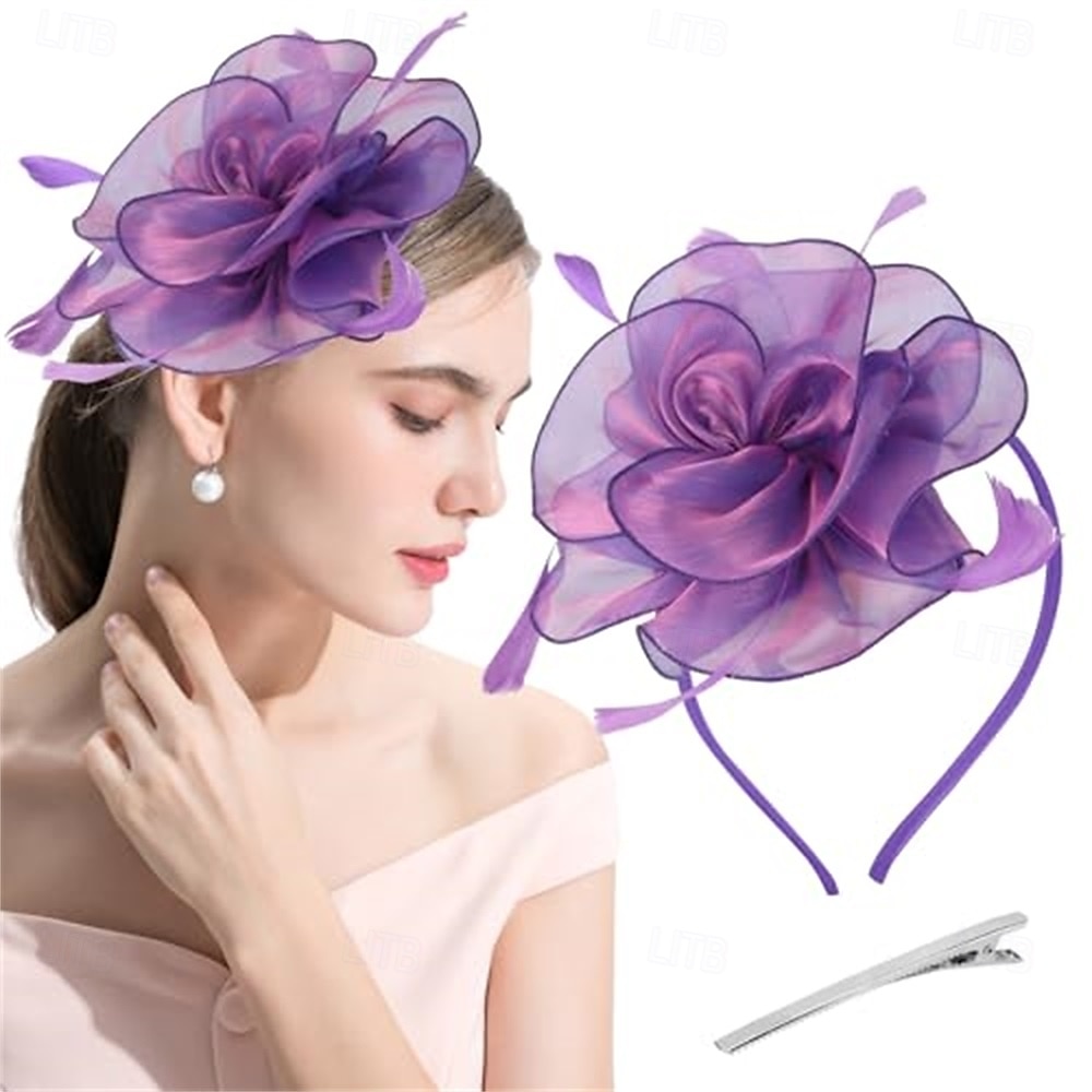fascinators lue blomst mesh multi farge fjær bånd på pannebånd og klips teselskap hodeplagg for jenter kvinner 2025 - $32.99 –P9