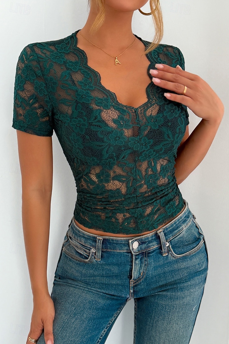 Femmes Chemisier Hauts en dentelle Uni Élégant Moderne Manche Courte Col en V Hauts Réguliers Fête Sortir Dentelle Noir Blanche Vert Été de 2025 ? $21.99 –P8