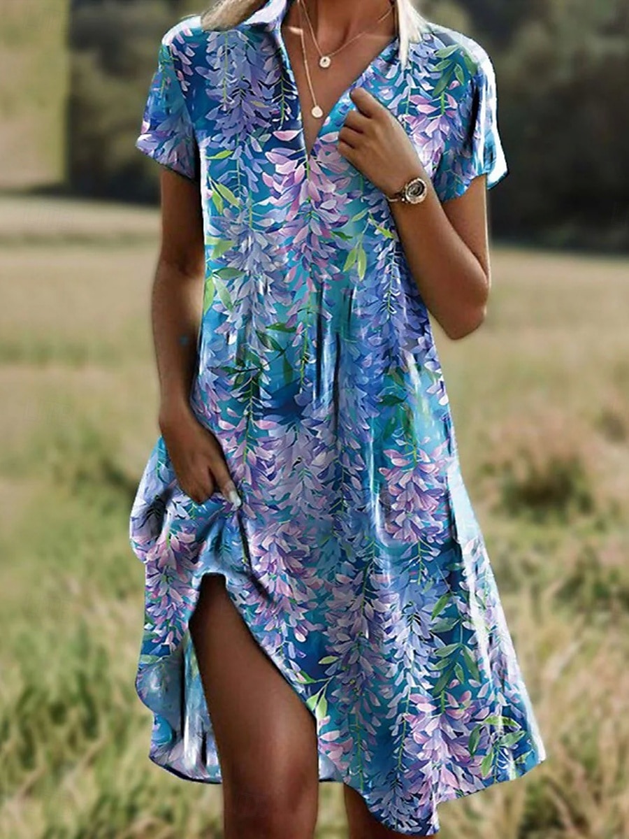 Dámské Mini šaty Volnočasové šaty Letní šaty Boho šaty Africký vzor Dovolená Denní Víkend Běžný Květinový Krátký rukáv Košilový límec aqua modrá Rubínově červená Vodní modrá Hnědá Léto 2025 - $17.99 –P3