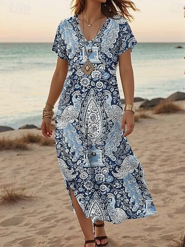 Femmes Robe maxi Robe d'Été Robe trapèze Vacances Occasionnel Boho Sortir Plage Coupe Ample Fleuri Graphique Géométrique Manche Courte Col en V Bleu Été Printemps de 2025 ? $28.99 –P1