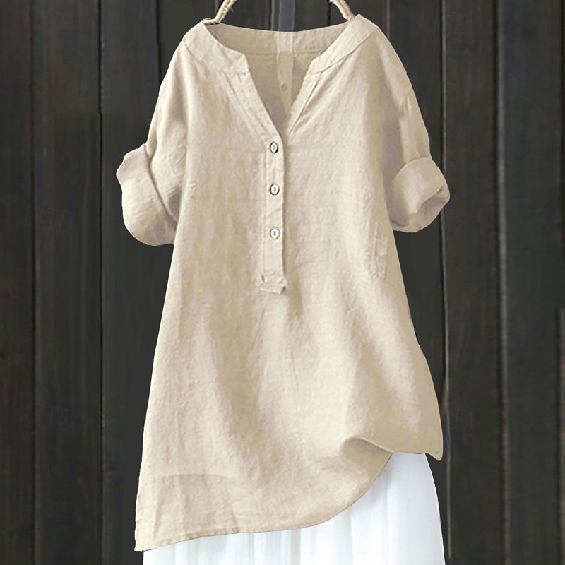 Damen Hemd Baumwoll-Leinen-Hemden Bluse Einfach Modern Lässig Langarm V Ausschnitt Normale Oberteile Täglich Ferien Ausgehen Knöpfe Schwarz Gelb Marineblau Beige Sommer 2025 - $23.99 –P1