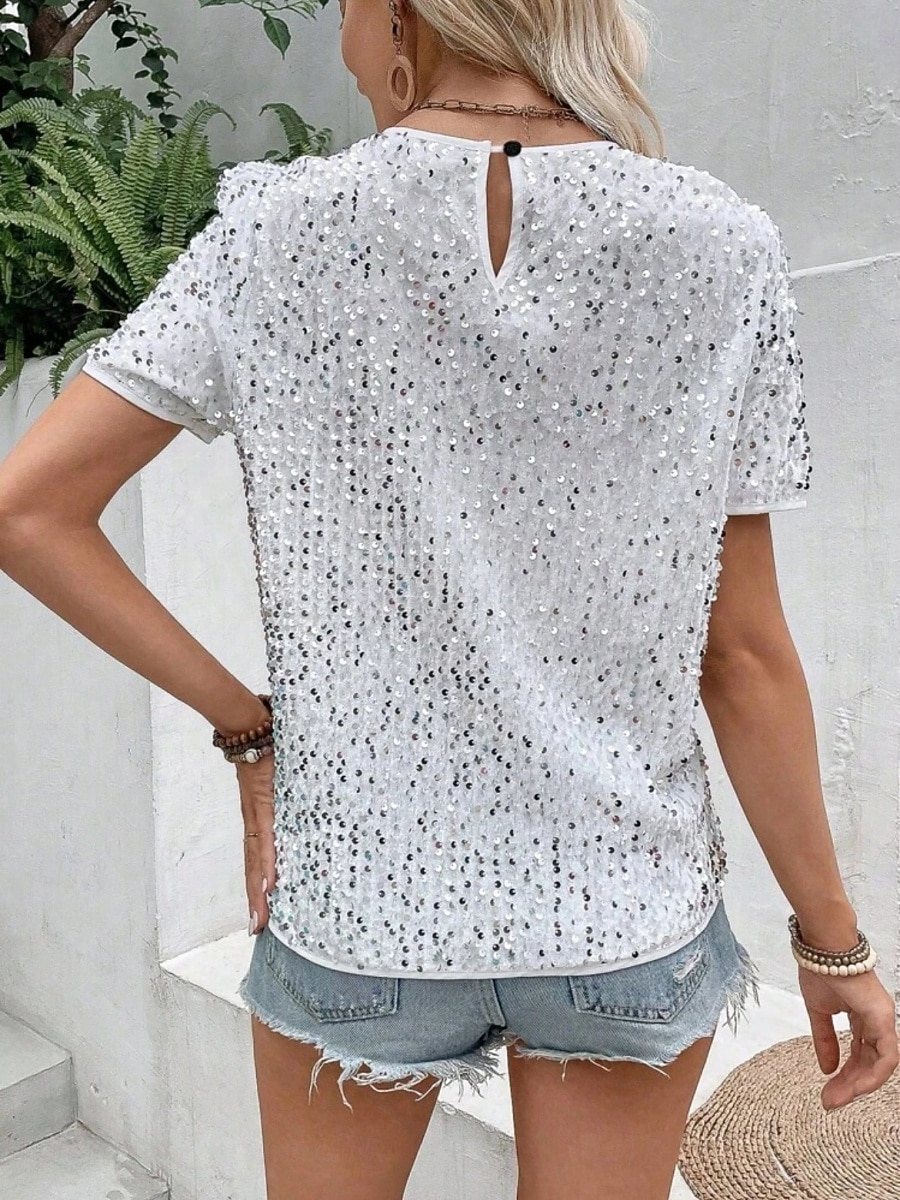 Per donna Blusa Paillettes Tinta unica Elegante Casual Manica Corta Girocollo Top Regolari Quotidiano Nero Bianco Rosa Oro Estate Primavera del 2026 a $28.99 –P9