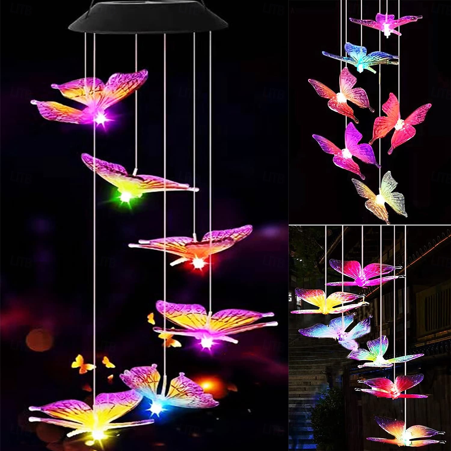 1 luz solar de carillón de viento con forma de mariposa para exteriores, ideal para patio, jardín, terraza, balcón, paisaje, decoración de ambiente. 2025 - $8.49 –P1